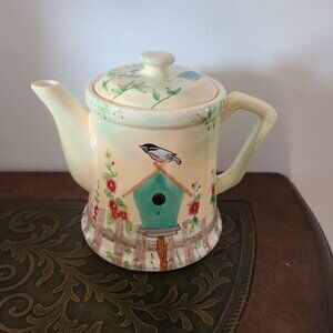 Hand painted Ceramic Teapot With Birdhouse And Floral Design